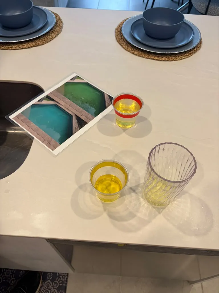 Water samples set up for an in-home water test